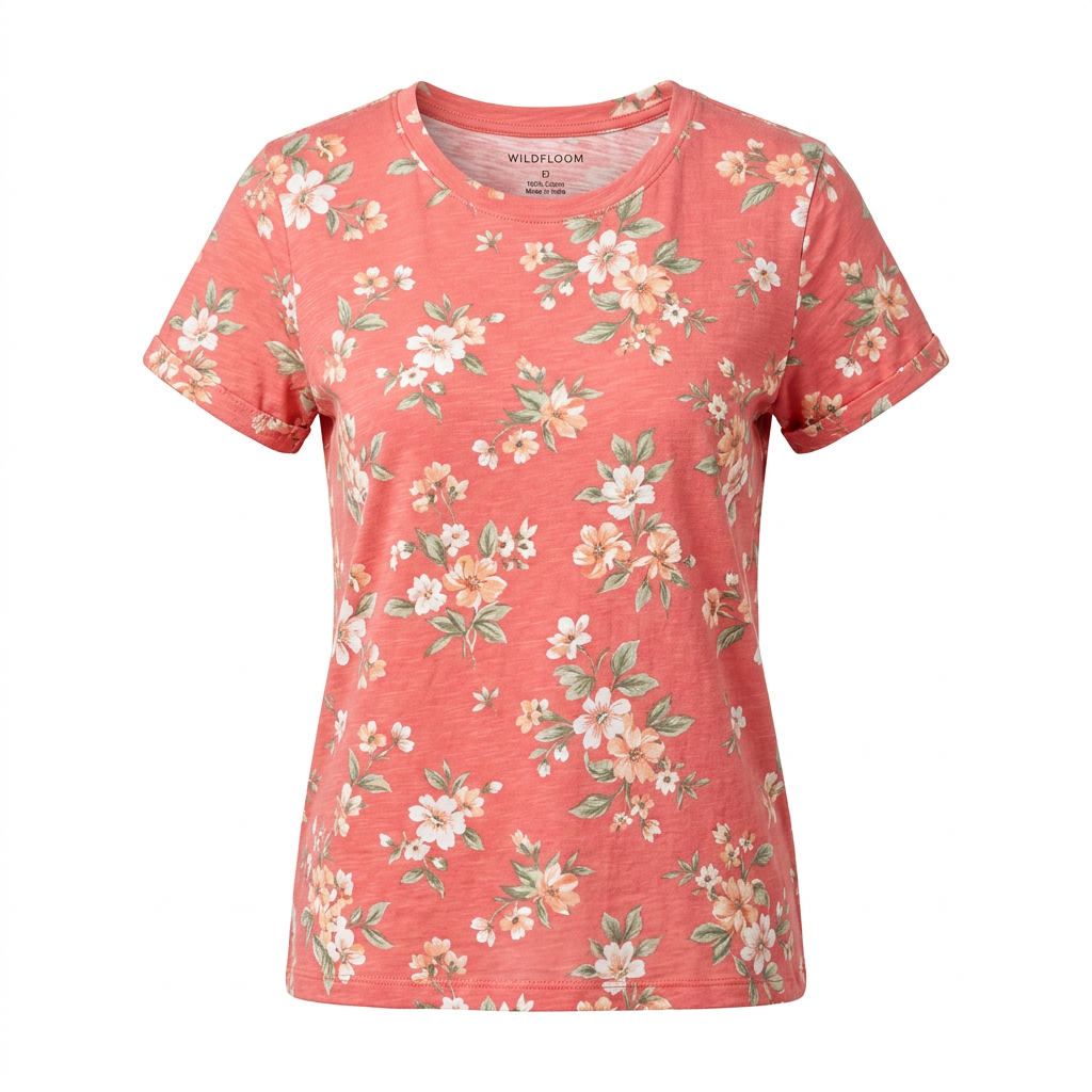 Women's Casual Coral Floral Print Tee
